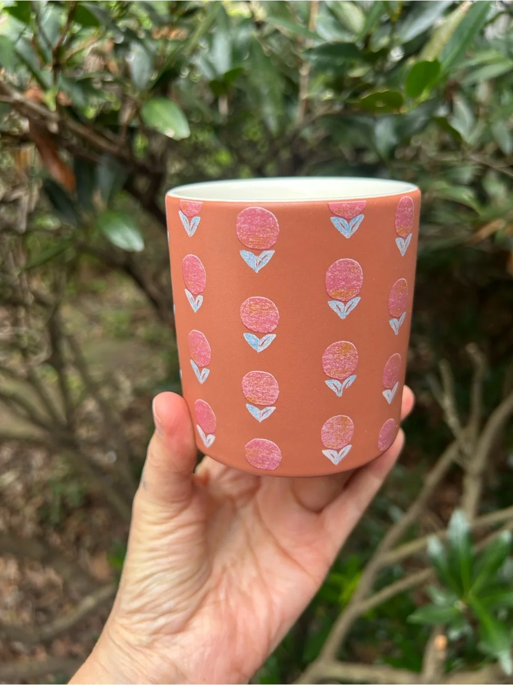 Anthropologie Coral Ceramic Votive with Pink Floral Motif